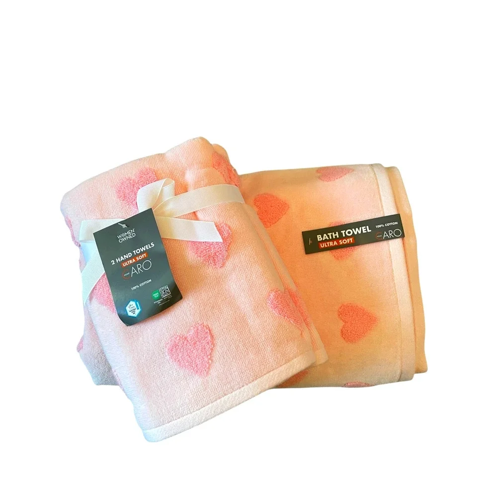 4pc Caro Home PINK HEART Cotton 2 Bath 2 Hand Towel Set Valentine's Day NEW